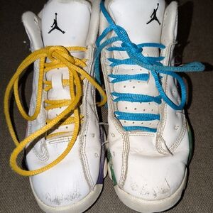 Jordan Kids White Sneakers with Yellow and Blue Laces